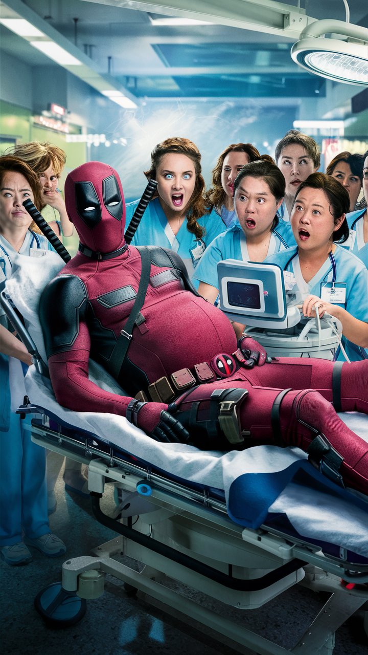 Pregnant Deadpool on an emergency stretcher surrounded by nurses 