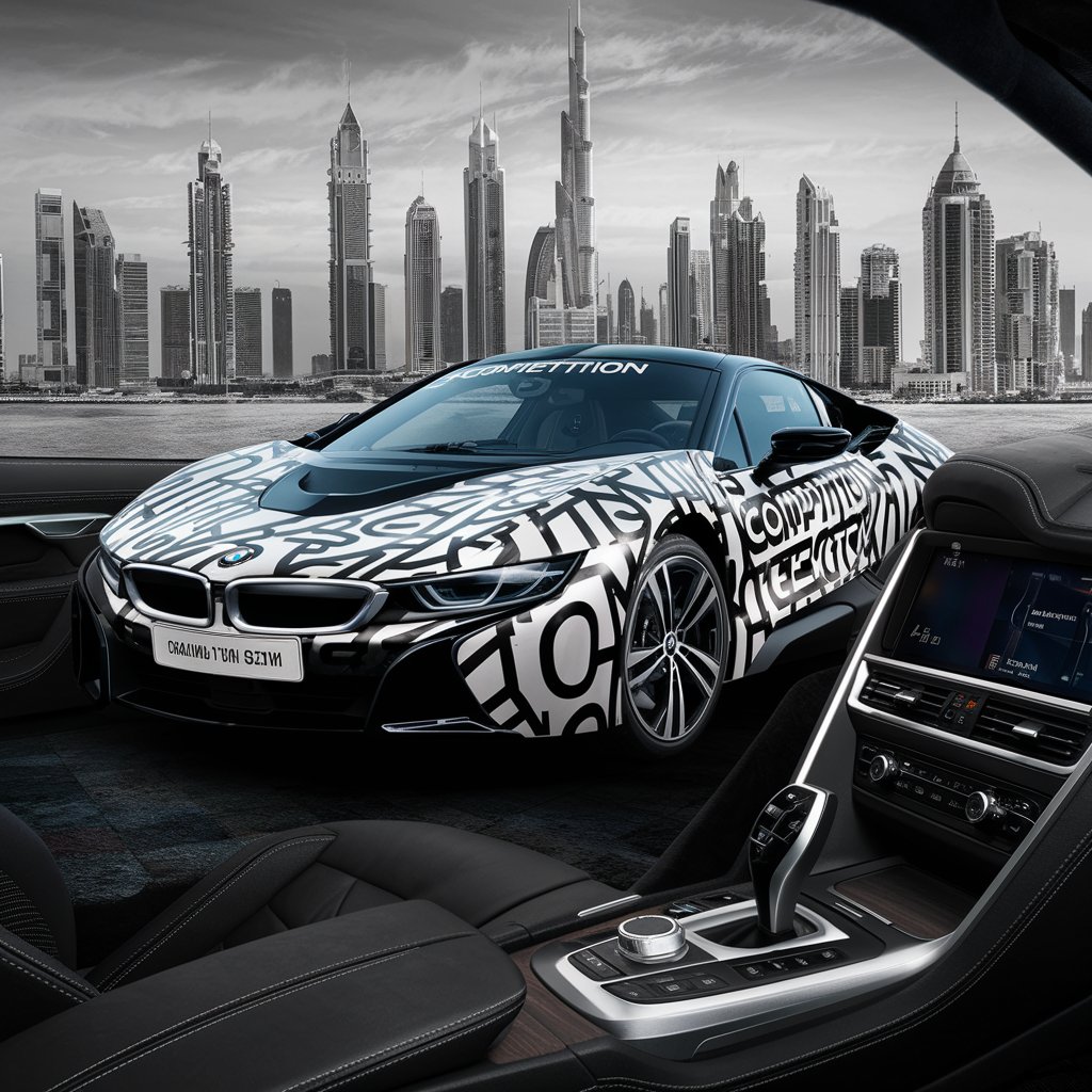 Luxury BMW Car Competition Overlooking Dubai Skyline