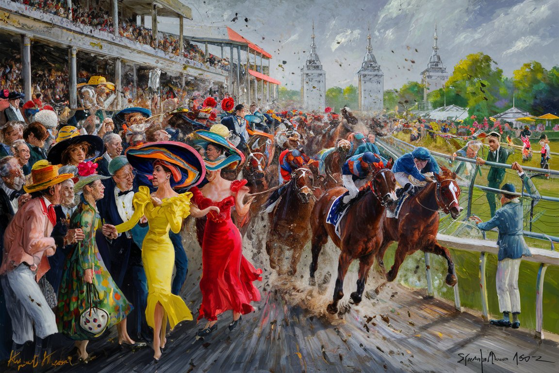 Imagine a bustling scene at the Kentucky Derby, filled with the energy and anticipation of one of America's most iconic horse races. In the foreground, elegantly dressed spectators crowd the railings, their expressions a mix of excitement, tension, and joy, capturing the high society and diverse attendees that the event attracts. Women in vibrant, wide-brimmed hats and men in sharp suits and bow ties cheer, shout, and hold their breath as the thoroughbreds thunder down the track, a blur of muscle and motion.  The middle ground teems with the intense competition of the race itself. Horses, depicted with exaggerated motion and expressive detail characteristic of Reginald Marsh's work, strain towards the finish line. Their jockeys, clad in colorful silks, crouch low, urging their mounts forward, every muscle tensed for victory.  In the background, the iconic twin spires of Churchill Downs rise against a dramatic Kentucky sky, lending a sense of place and tradition to the scene. The entire painting vibrates with the movement and excitement of the Derby, rendered in Marsh's gritty, vibrant style, capturing the essence of American life and entertainment with a touch of the artist's signature critique of society's spectacle and excess.  The color palette is rich and lively, with the greens of the track and the bright hues of the crowd's attire contrasting with the earthy tones of the horses and the jockeys' vibrant silks. The composition is dynamic, with a sense of depth and movement that draws the viewer's eye from the foreground crowd, across the fierce competition of the race, to the architectural symbol of the event in the distance.  This scene is not just a portrayal of the Kentucky Derby but a vivid narrative of American culture, spectacle, and the pursuit of triumph, all through the lens of Reginald Marsh's distinctive style, blending realism with caricature, and vibrant energy with a nuanced social commentary.