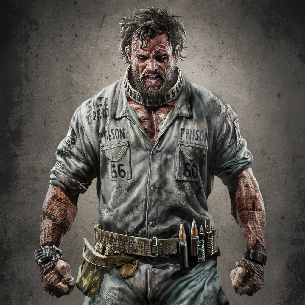 Physique: Phantom possesses a rugged and muscular build, a testament to his years of surviving on the streets and in prison.
Attire: He wears a tattered, sleeveless prison jumpsuit, reminiscent of his time spent incarcerated. The jumpsuit bears faded identification numbers and patches, indicating his status as an escaped convict.
Accessories: Around his waist, Phantom sports a makeshift belt fashioned from scraps of leather and metal, holding various tools and ammunition for his vehicle's weaponry. A thick, metal collar encircles his neck, a constant reminder of his past as a prisoner.
Facial Features: His face is weathered and scarred, evidence of the hardships he has endured. His eyes burn with a fierce intensity, reflecting his determination to reclaim his identity.
Hair: Phantom's hair is unkempt and greasy, falling in ragged strands around his face. A stubbled beard frames his jawline, adding to his rugged appearance.
Tattoos: Inked across his arms and chest are a series of intricate tattoos, each one telling a story of his life of crime and rebellion. These tattoos serve as a visual reminder of the life he left behind and the battles he has fought.