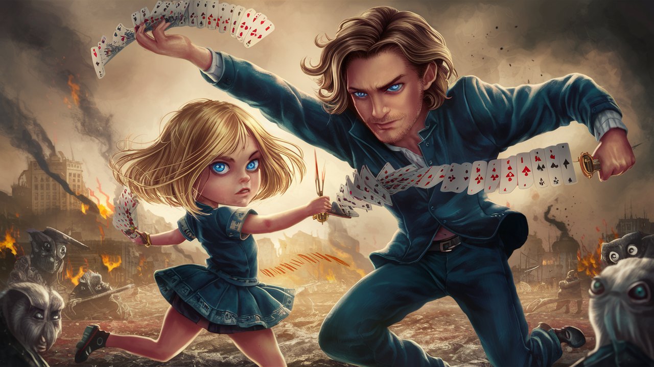 short blonde girl with blue eyes and a tall wavy brown hair man with blue eyes in a full scale war on opposite sides, the weapon of choice is playing cards