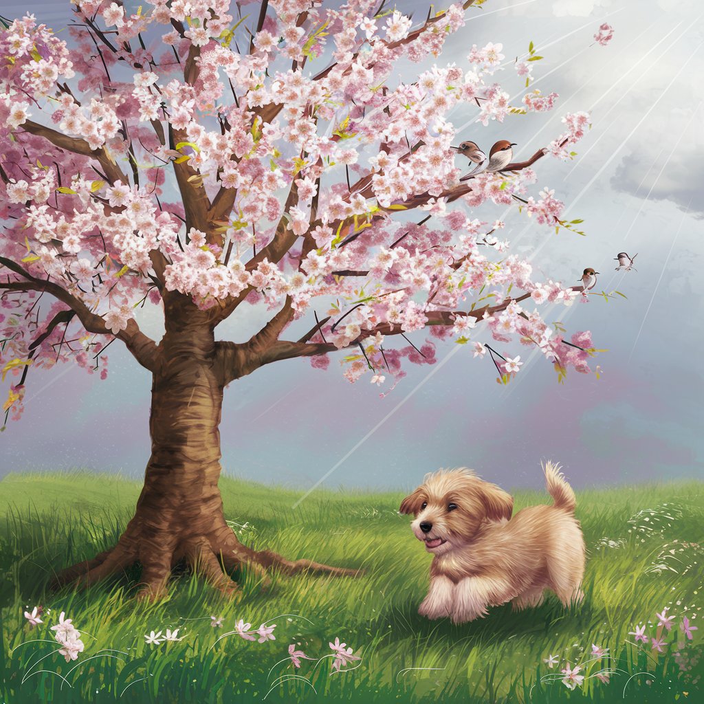 beautiful cherry blossom tree in a spring field with cutesy puppy and birds with sun rays