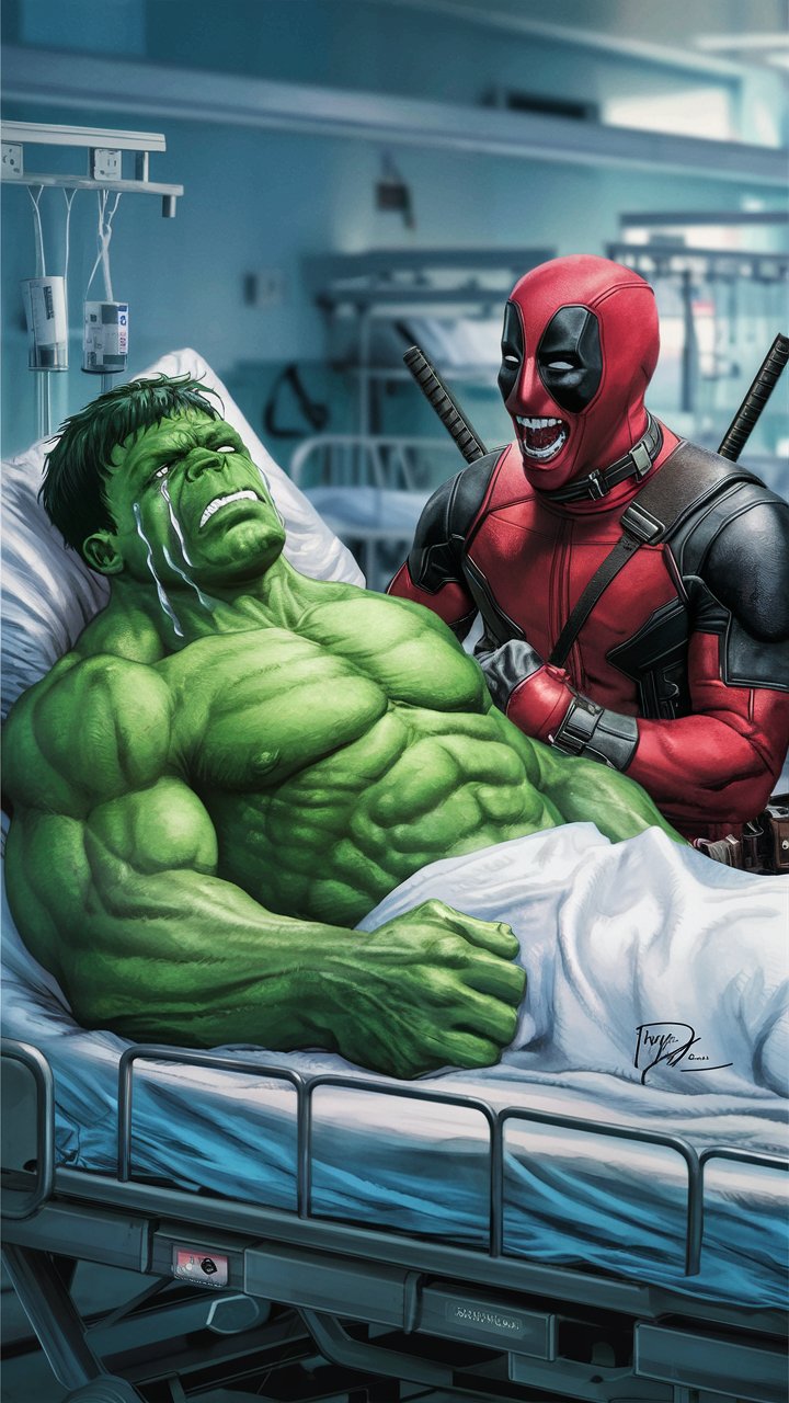 Crying hulk lying on a hospital bed. Deadpool is laughing at him 