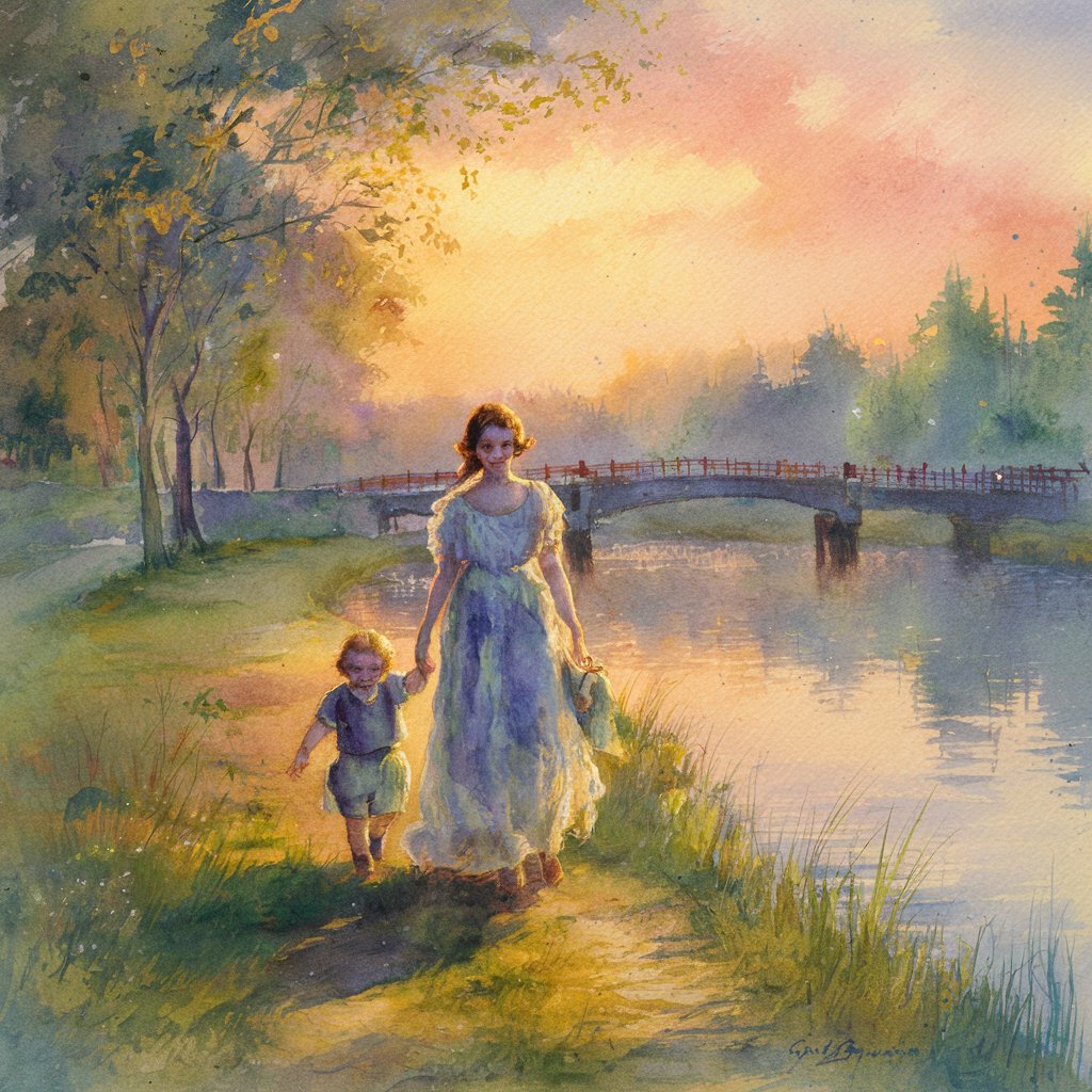 woman and chikd walking by the river in sunset in the style of Monet