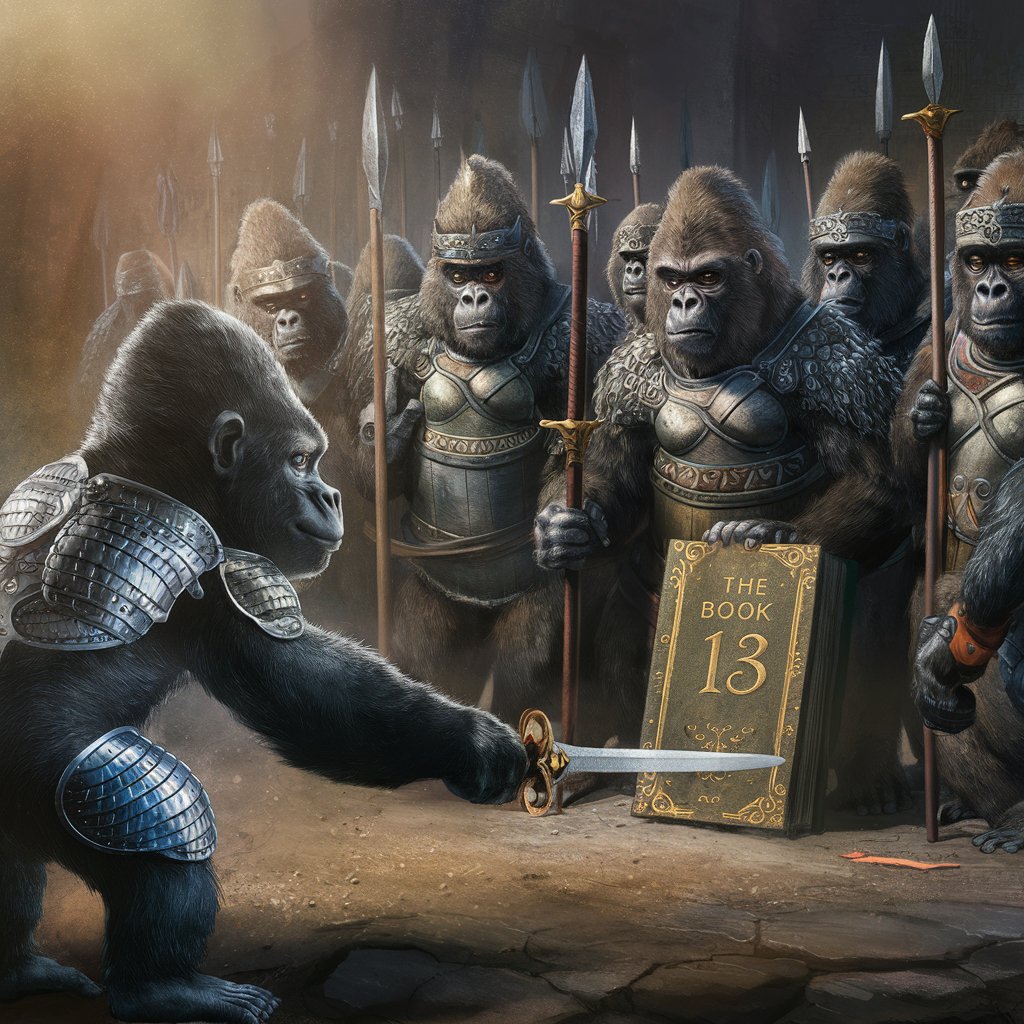 New gorilla wants to join a group of gorillas.
The group of gorillas wear armour and weapons and are standing in front of a book with the title "The Book of 13"
