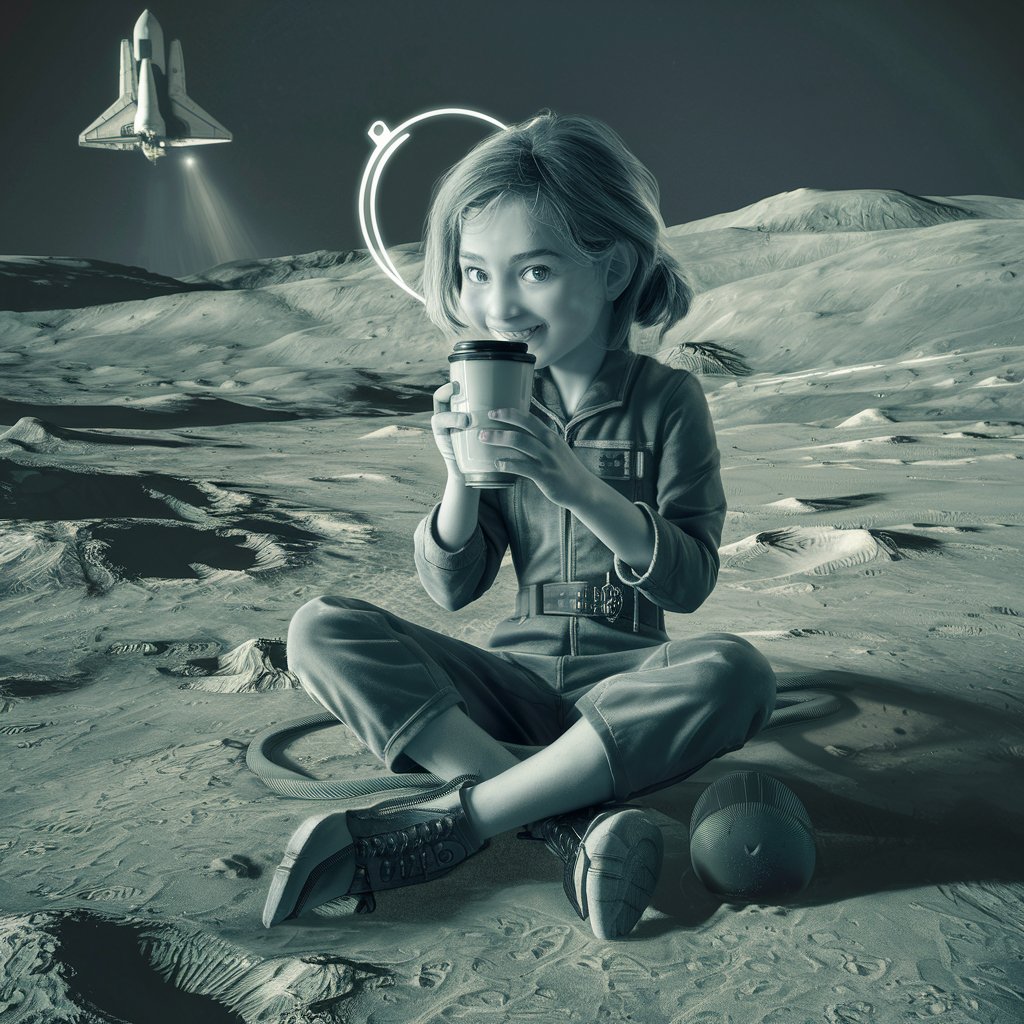 a girl sitting on a lunar moon, drinking coffee and twiddling her thighs