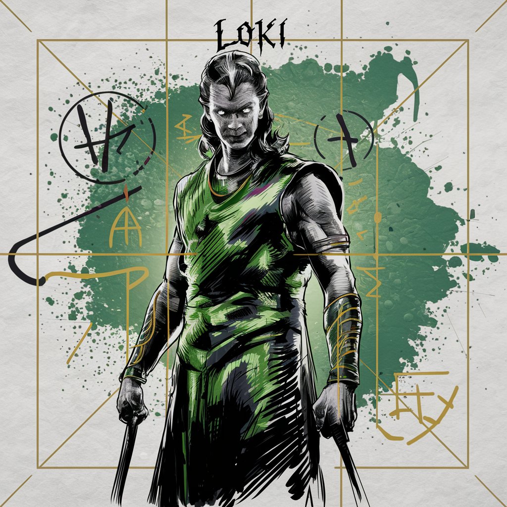 Sketchbook Style, Sketch book, hand drawn, dark, gritty, realistic sketch, Rough sketch, mix of bold dark lines and loose lines, bold lines, on paper, turnaround character sheet, greek god loki , green and gold armor, paint splash, Full body, arcane symbols, runes, magic theme, Perfect composition golden ratio, masterpiece, best quality, 4k, sharp focus. Better hand, perfect anatomy. by With Design In Mind