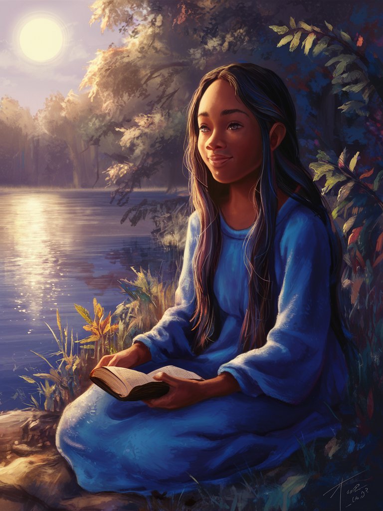 A digital painting of a young ethnic woman with long flowing hair, sitting by a peaceful lake under the warm glow of the midday sun, holding a Bible in her hands. The serene scene conveys a sense of spiritual connection and contemplation, highlighting the peace and guidance found in scripture.