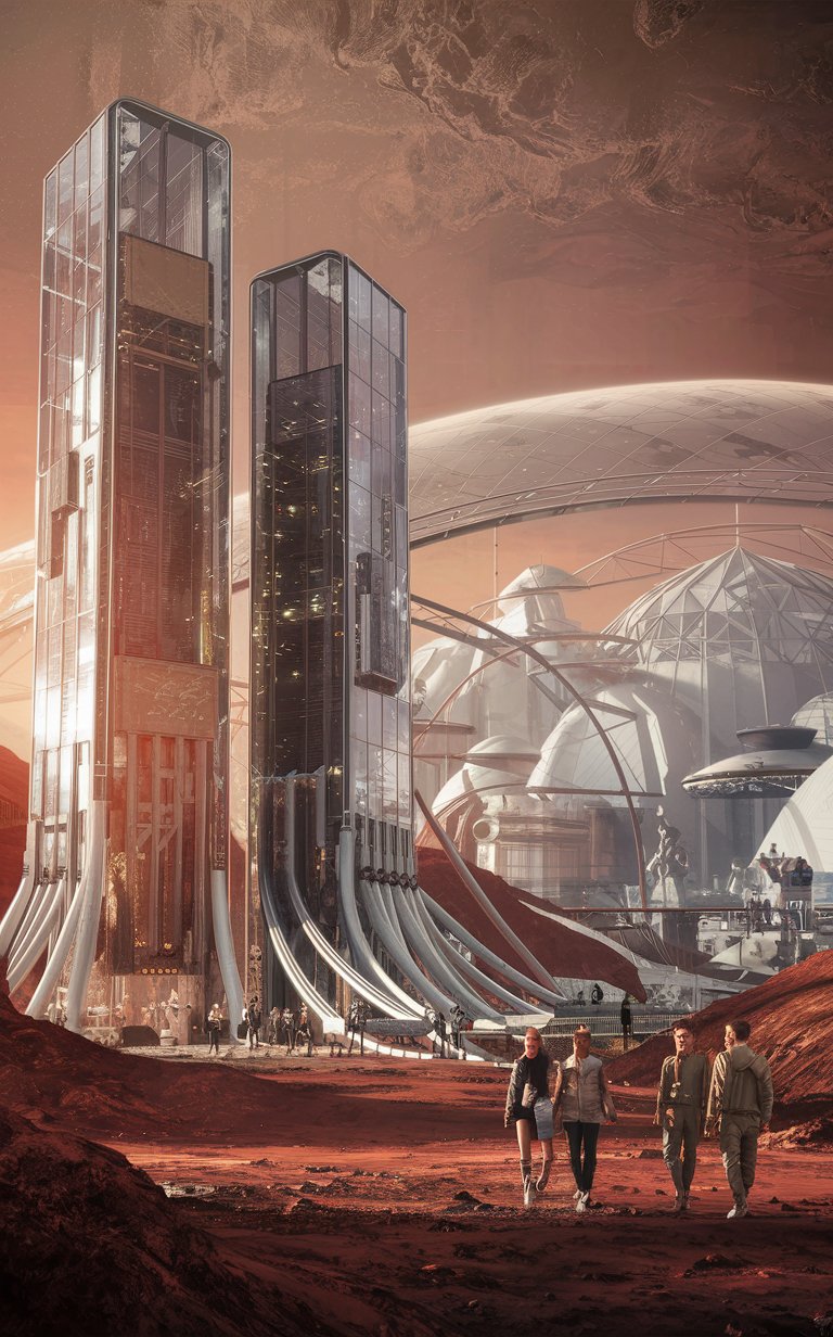 In the future, people will live on Mars. They use the crust to create the earth's atmosphere. Huge glass buildings rise below it


