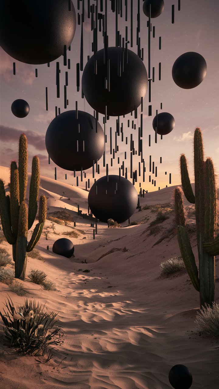 Black balls raining in desert 