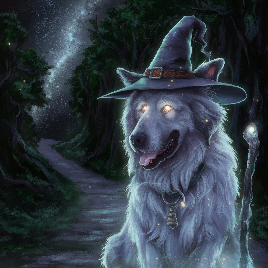 Great Pyrenees wearing wizard hat holding wizard staff, midnight stars, Milky Way, forest pathway