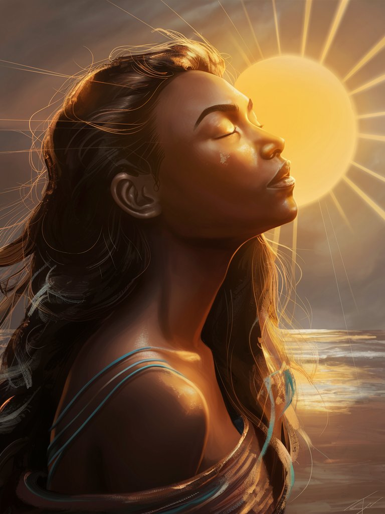 A digital painting of a beautiful ethnic woman with eyes closed, her face turned towards the sun as she basks in its warm and healing rays. The radiant light and soft shadows create a visual metaphor for spiritual enlightenment and inner transformation, symbolizing their power of faith and hope to bring light into the darkness.