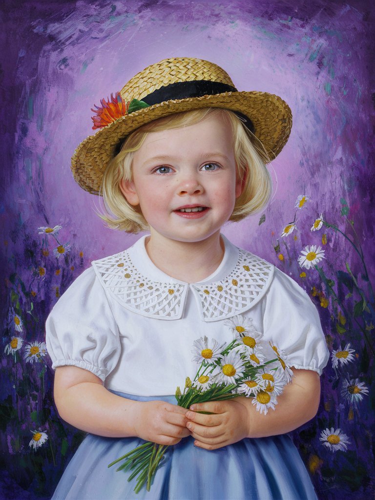 girl 3 years old, blond hair to the shoulders, in a straw hat, in a white blouse with openwork collar, holding a bouquet of daisies, background violet-blue, oil painting style