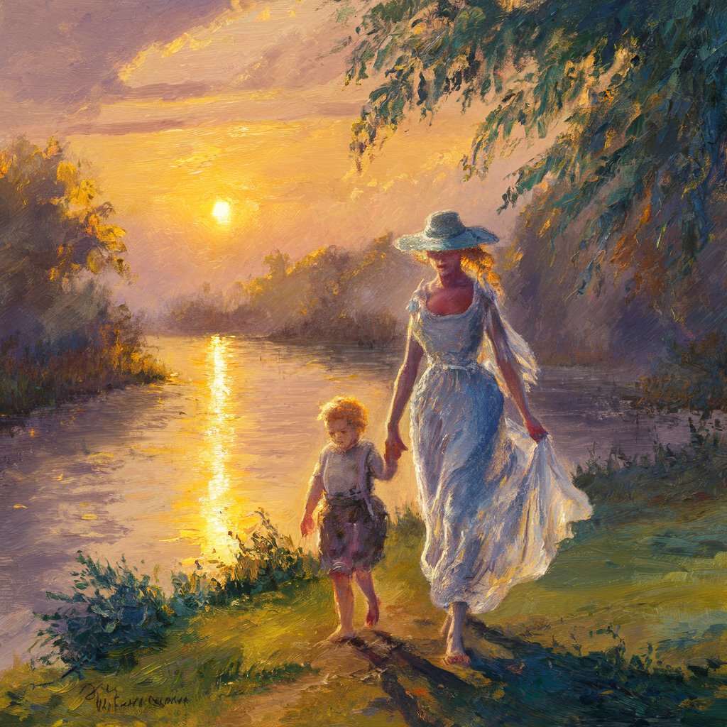 woman and chikd walking by the river in sunset in the style of Monet