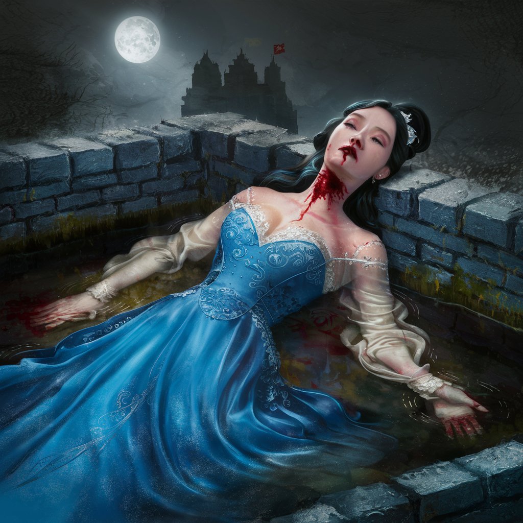 Dead pretty Chinese woman in blue evening dress shot  bleeding wound in a moat