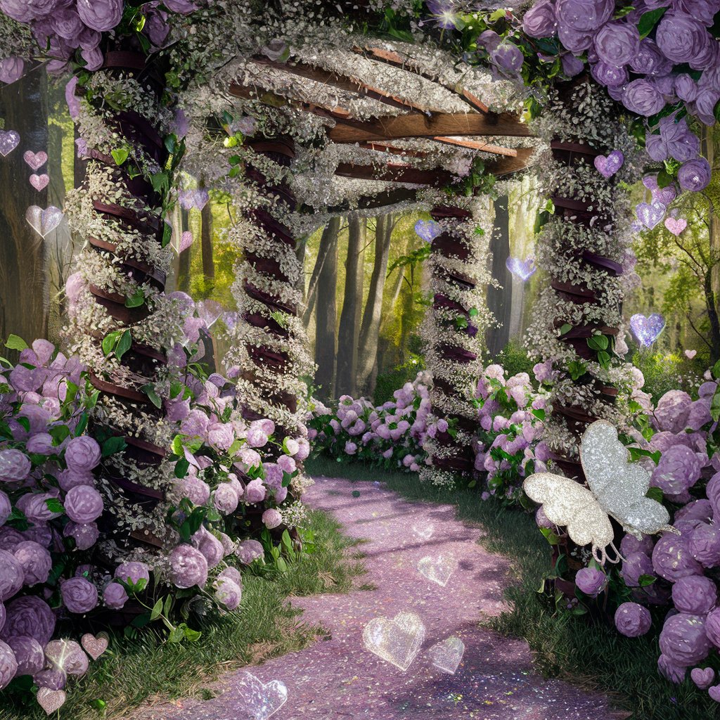 Enchanted Forest Path with Glitter Hearts and Floral Trellis