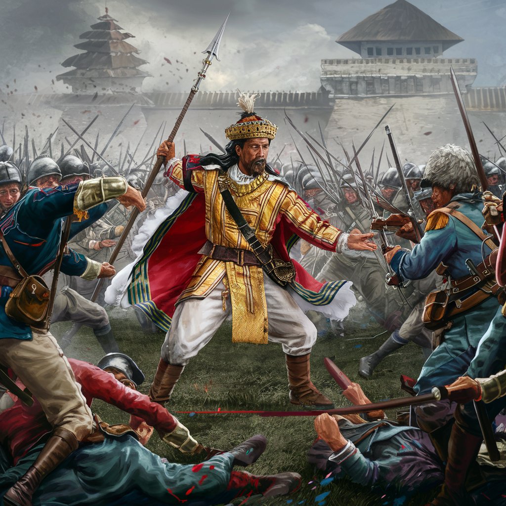 Sultan Hasanuddin from the Indonesian Gowa Tallo kingdom holding a spear, facing Dutch soldiers, background of Somba Opu Fort in the 16th century, a fierce war occurred, several soldiers fell and they attacked each other