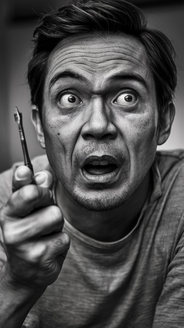A very shocked man holding a deflated screwdriver feeling very upset.

