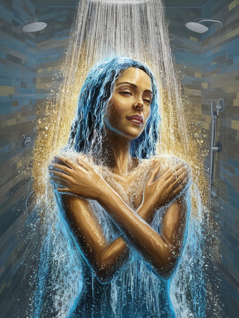 A digital painting of a woman in a shower, with water cascading down her body in a cleansing torrent. The water is depicted as a brilliant cascade of light, purifying her being and washing away all traces of darkness. The woman's face is radiant with peace and inner strength as she feels spiritually refreshed and uplifted by the healing power of the Holy Spirit's cleansing embrace.