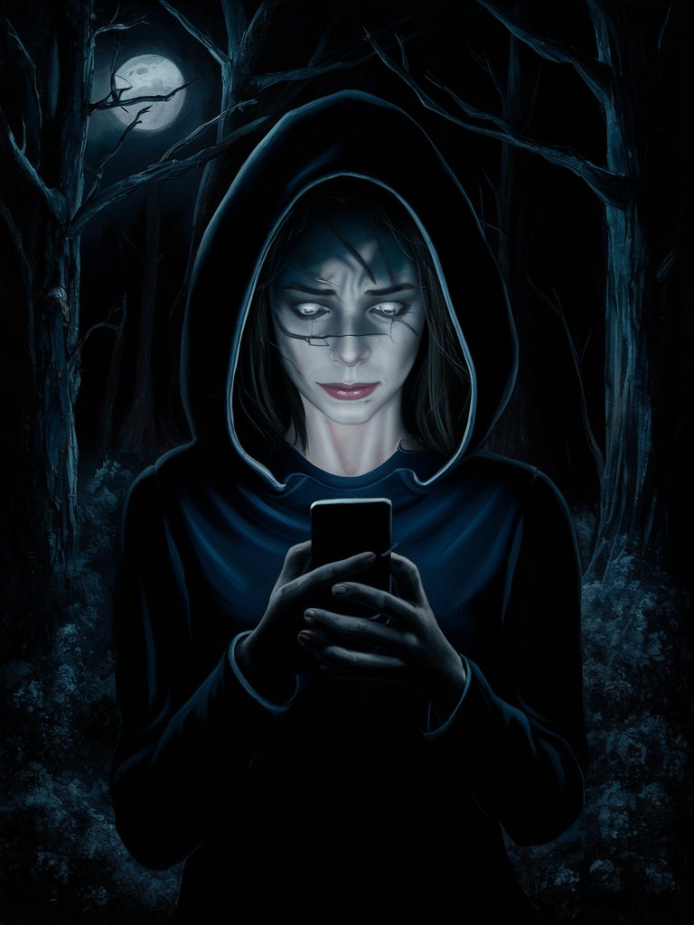 A digital painting of a beautiful woman shrouded in darkness, standing in a forest at night with a glowing smartphone in their hand. The eerie light from the device casts a haunting glow on their face, revealing their addiction to screens and social media, which often perpetuate negativity, manipulation, and deceit. The contrast between the darkness of the forest and the artificial light of the phone symbolizes their preference for the shallow allure of the digital world over the genuine light of human connection and integrity.
