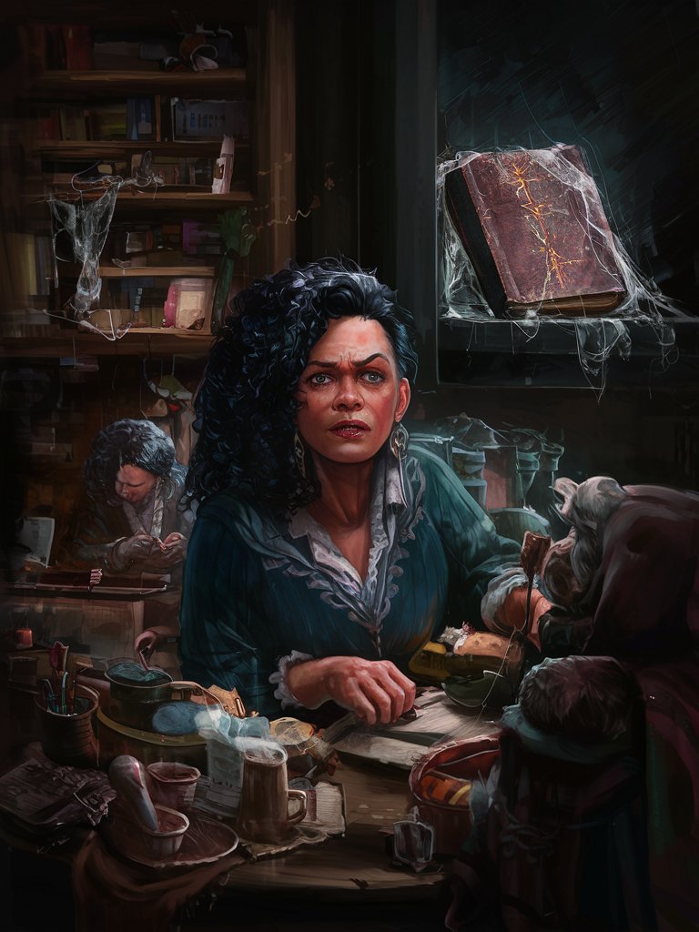 A digital painting of a beautiful Latina woman with curly hair busy with other activities around her house but the Bible is in a dark corner with cobwebs and she looks stressed 