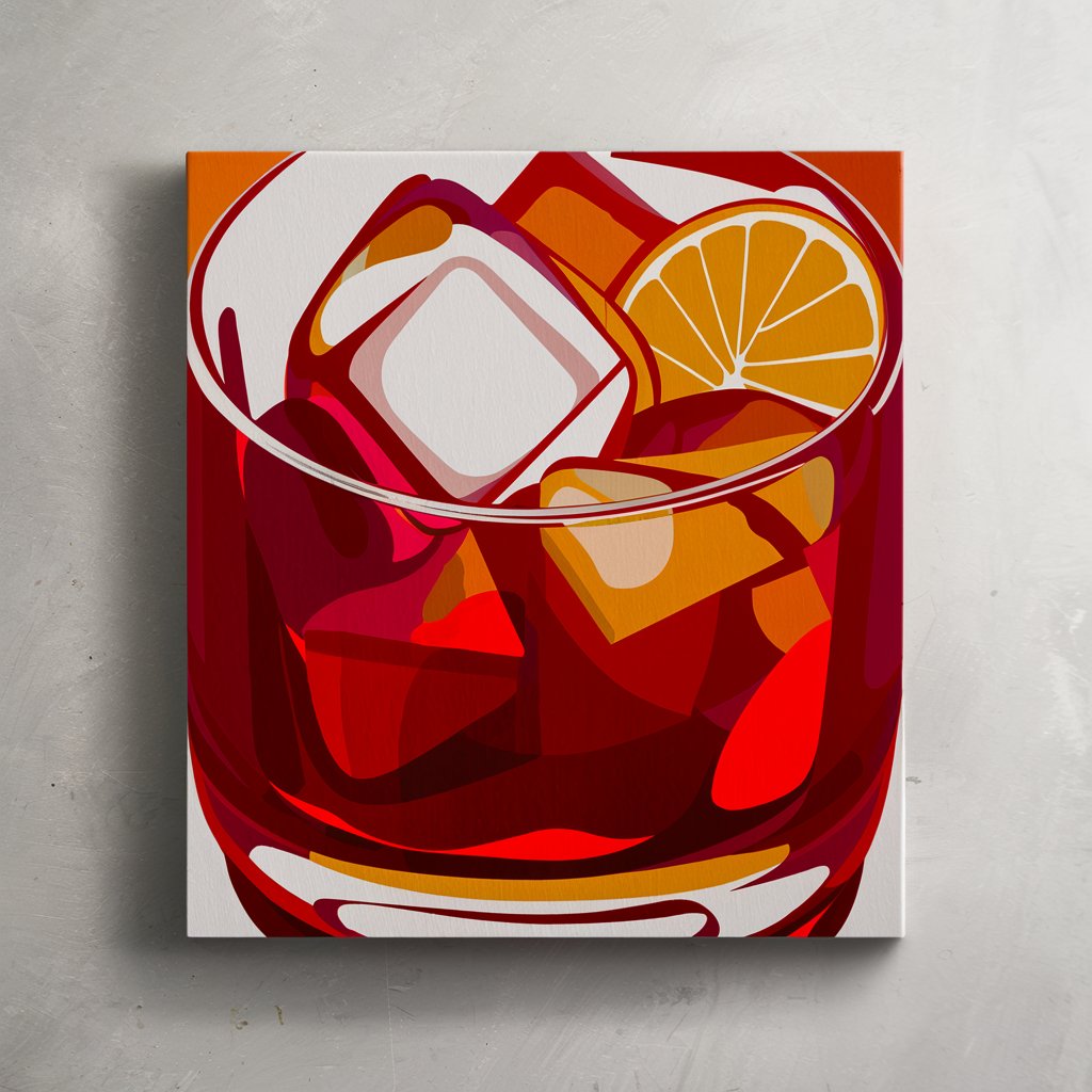 Abstract geometrical very simple painting with only 3 colors of negroni cocktail with ice and orange slice in tumbler close up using very basic shapes only