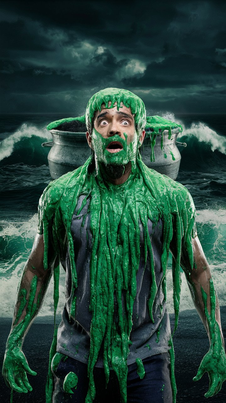 A shocked man who is covered in ashwgandha green like substance behind him is an ocean very dark and vivid image. 
