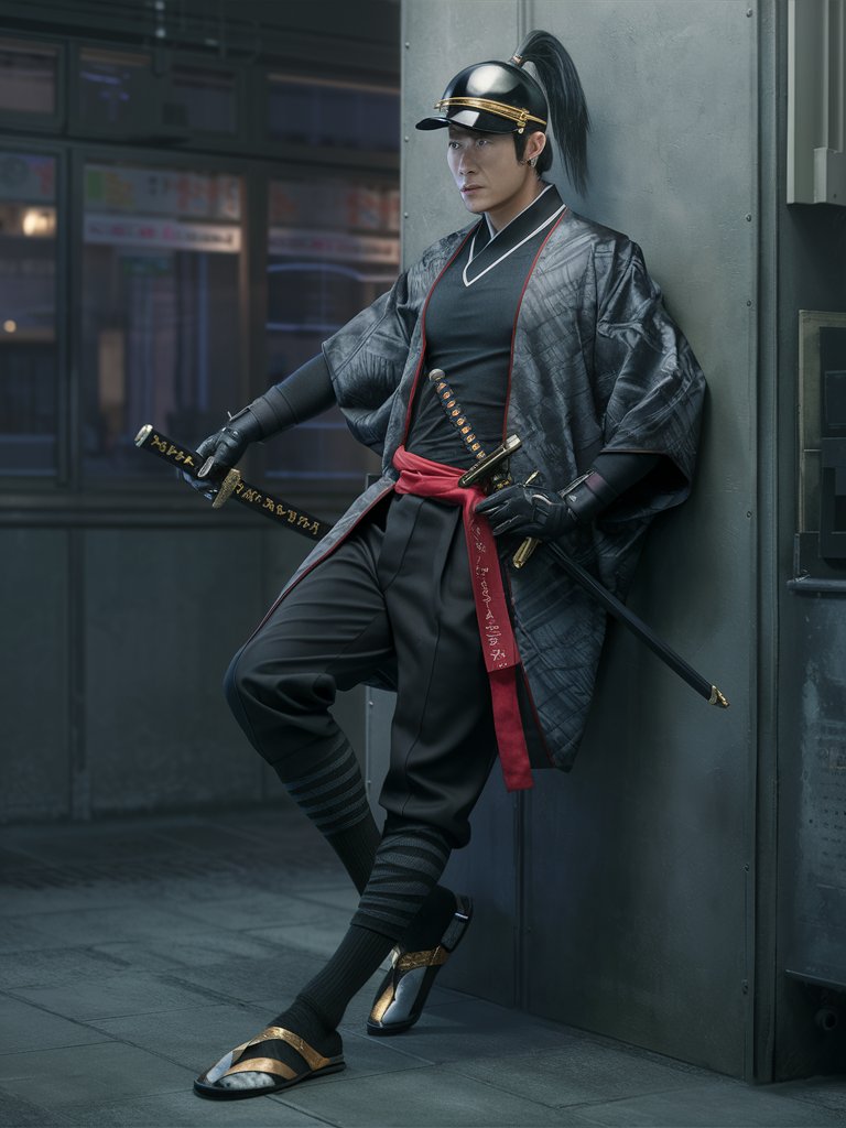 retrofuturistic cyberpunk feudal japan, tall athletic 30s east asian male, black samurai ponytail hairstyle, black gilded ballcap visor held by red sash, black grey patterned kimono jacket, black collared shirt and slacks, red obi sash, wakizashi sword with red-black hilt, black tabi and gilded zori sandals, bouncer for japanese teahouse-styled cyberpunk nightclub, leaning against wall, drab nighttime dystopian future, videogame character painting splash