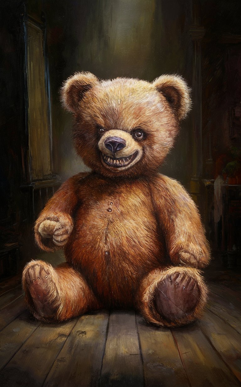 16k4d art rfktrstyle complex 'Horror Teddy' bear,  (natural Pose), perfect form, perfect composure, perfect form,Studio Photography, Scary Creepy (Grisly) Ominous, Painted with Vibrant Oils, (Illustration)