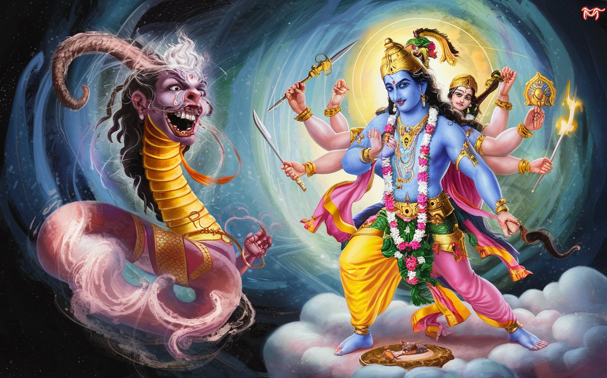 Depict the moment of divine intervention, where Lord Vishnu decapitates Rahu for his deceitful act.