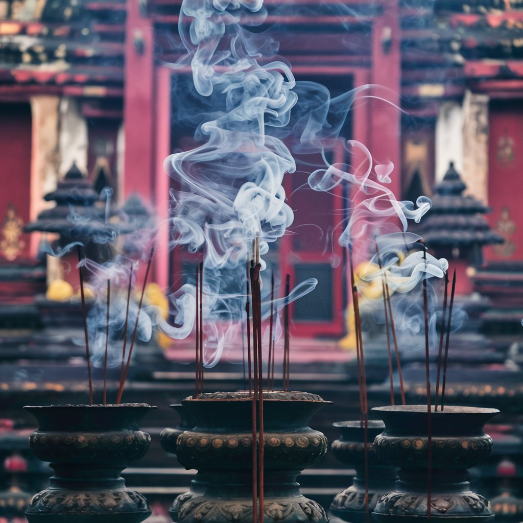 дымящееся благовоние на фоне храма