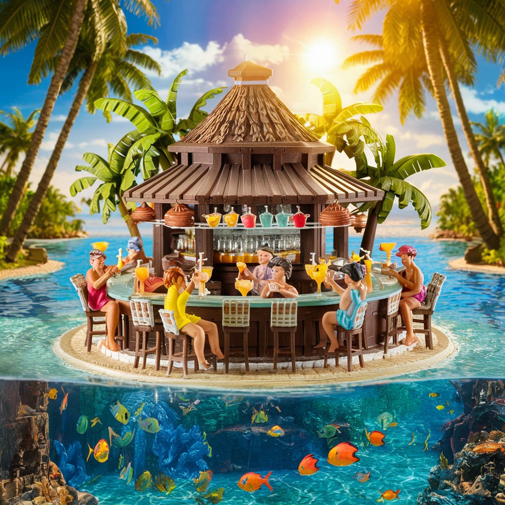 a minimap diorama of a tropical island with a cocktail bar surrounded by turquoise crystal-clear water full of tropical fishes
