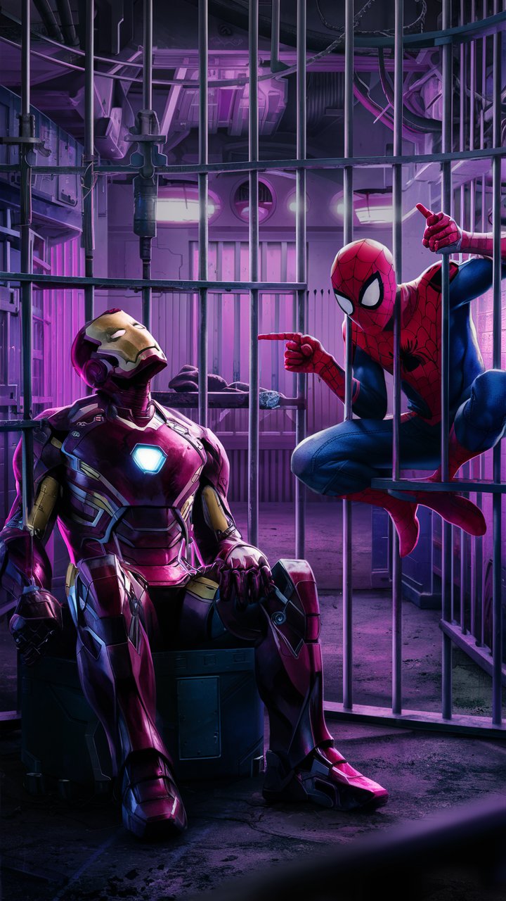 Iron man in prison. Spiderman is laughing at him 