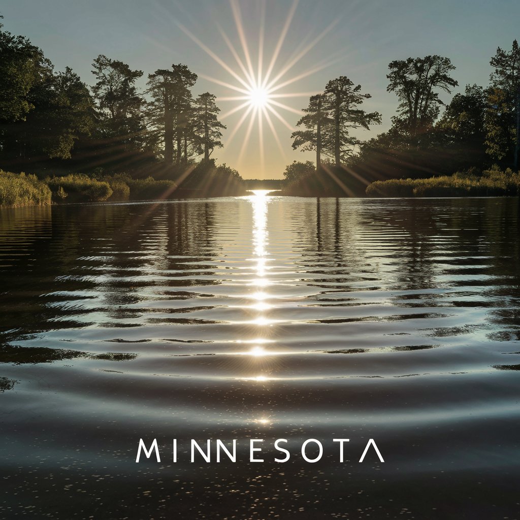 Minnesota Lake with tree silhouettes, sun in center, water ripples

