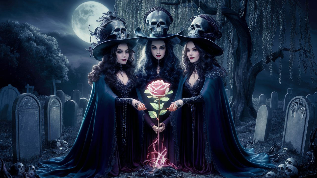 three goth ladies on a graveyard in front of a weeping willow creating a rose by the aid of magic