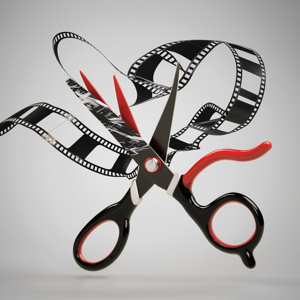 The image should be a creative combination of scissors and film tape, forming a single homogeneous image. Imagine a stylized pair of scissors, where the blades transform into film tape, creating a fluid and dynamic movement. The scissors can be predominantly black, with red and white details to add contrast and highlight. The film tape can elegantly unwind around the scissors, adding a touch of creativity and movement. The colors black, red, and white can be used in a balanced way to ensure a striking and professional appearance. This image should convey the idea of precise and intriguing cuts.