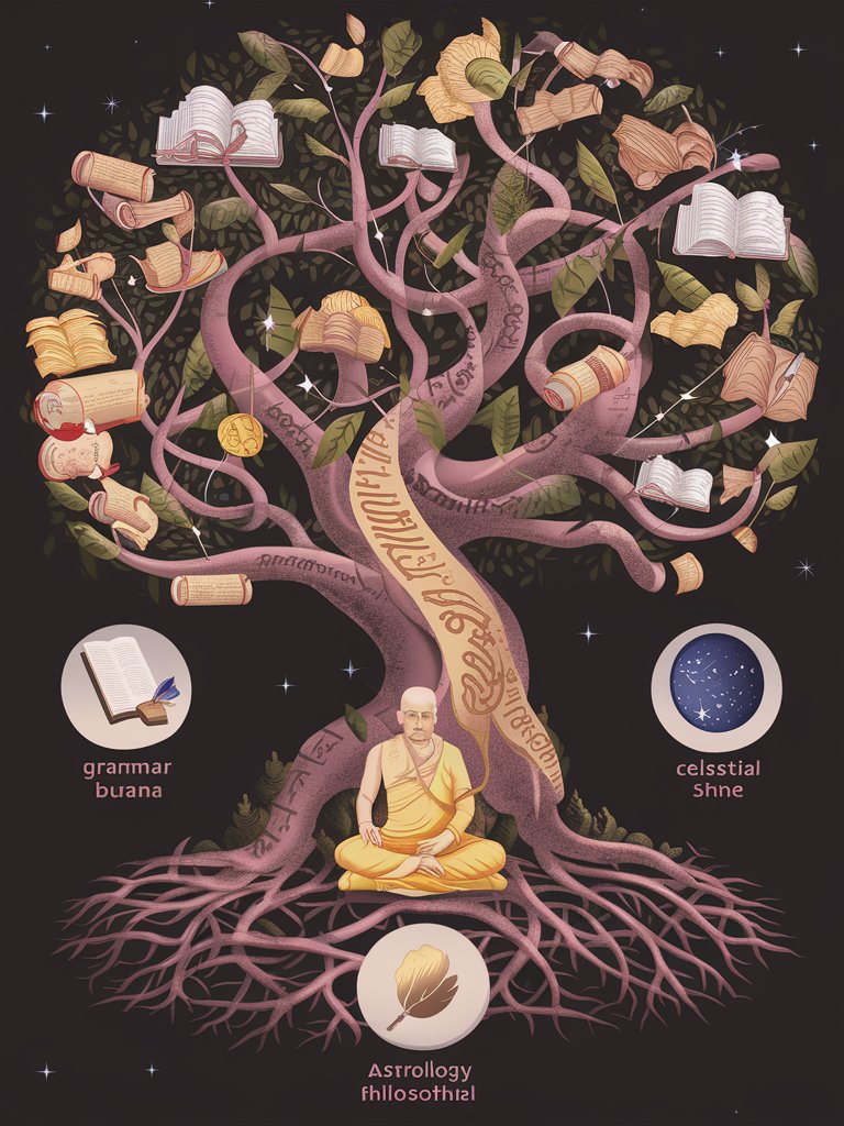 Create an image symbolizing the interconnectedness of various branches of knowledge like grammar, astrology, and philosophy, as described in the Narad Purana.