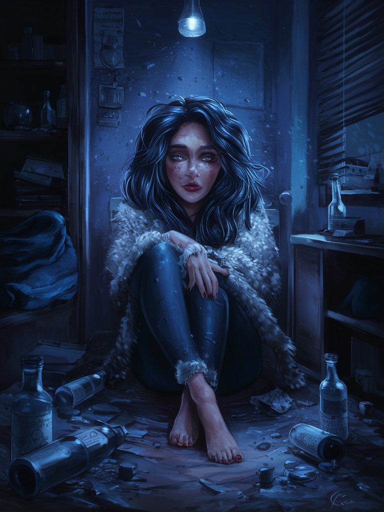 A digital painting portraying a beautiful woman isolated and lonely in a dimly lit apartment, surrounded by empty bottles and discarded belongings. The individual is lost in their thoughts and struggles with mental health issues, seeking solace in solitude and darkness. The painting conveys the modern experience of emotional turmoil and inner darkness, resonating with the verse's depiction of individuals choosing to dwell in darkness rather than seek the Light of truth and healing.