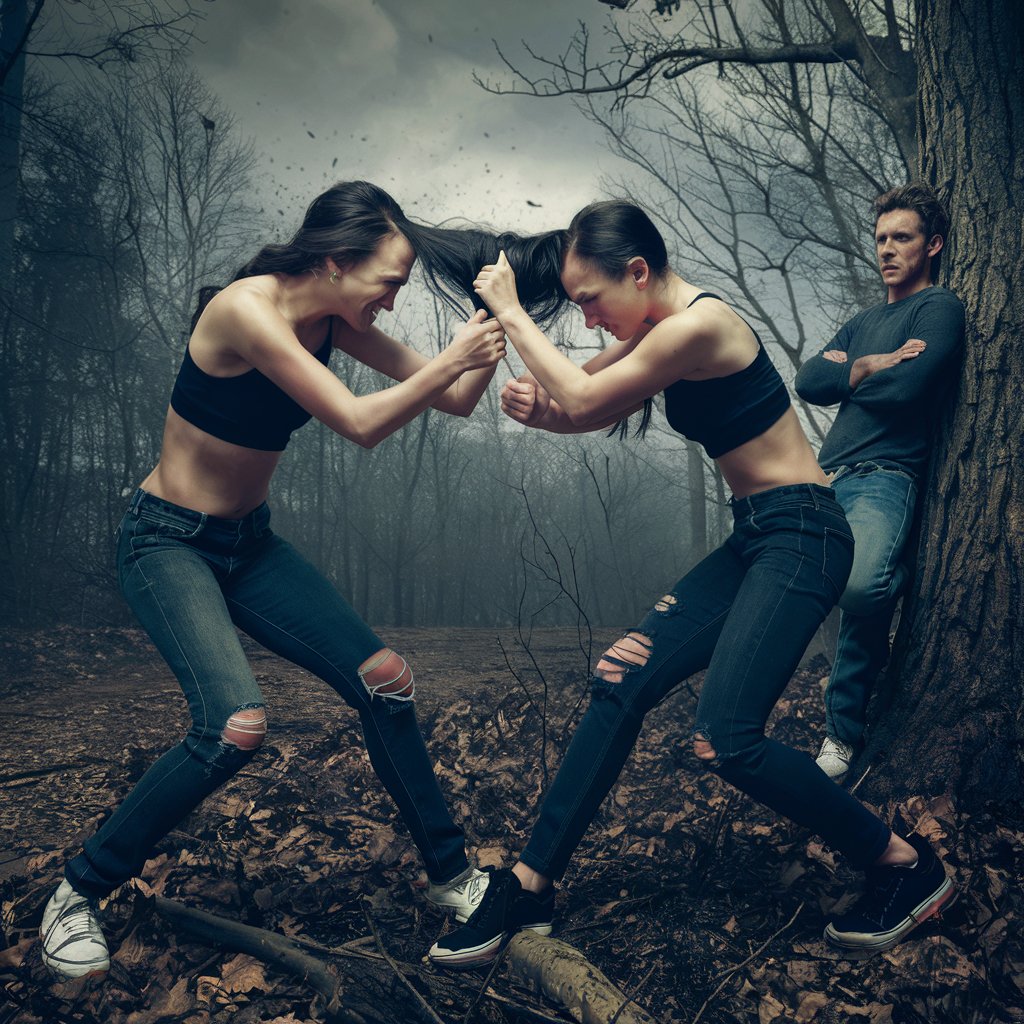 Young Women in Forest Scuffle Fighting and Ripped Jeans