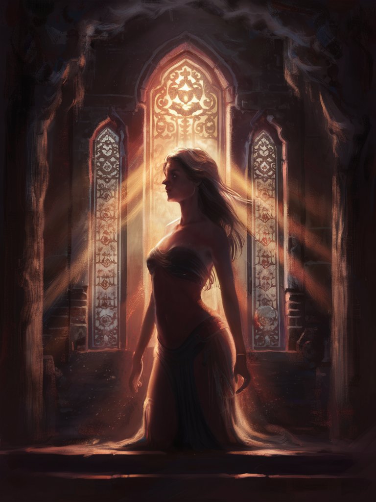 A digital painting of a woman in an ancient temple, bathed in the soft glow of golden light streaming through stained glass windows. The intricate carvings and sacred symbols of the temple walls create a sense of timeless reverence and spiritual devotion, inviting viewers to explore the depths of their own faith and beliefs.