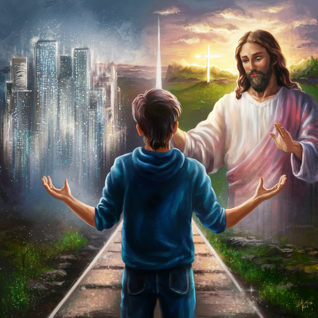 Digital painting of a young adult tempted by the lure of instant gratification through addictive behaviors, with Jesus  guiding them towards finding healing and freedom through faith and self-discipline.