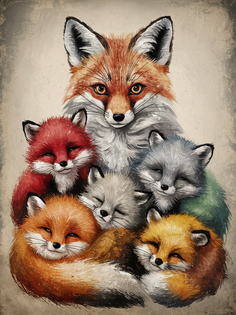 dry brush painting, whimsy and nostalgia, vintage effect, scumbling techniques, rough brush strokes, infused texture and depth, aged, weathered feel. An elegant fox and three little cute sleepy fluffy foxes. The fox has beautiful big dramatic eyes. Red, brown, gray, beige, orange, green, yellow, black, white, blue shades