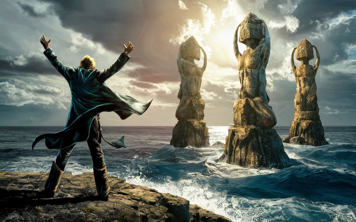 comic book art of lee van cleef with back to camera, arms raised. Facing the ocean, 3 large druid statues raising from the ocean
