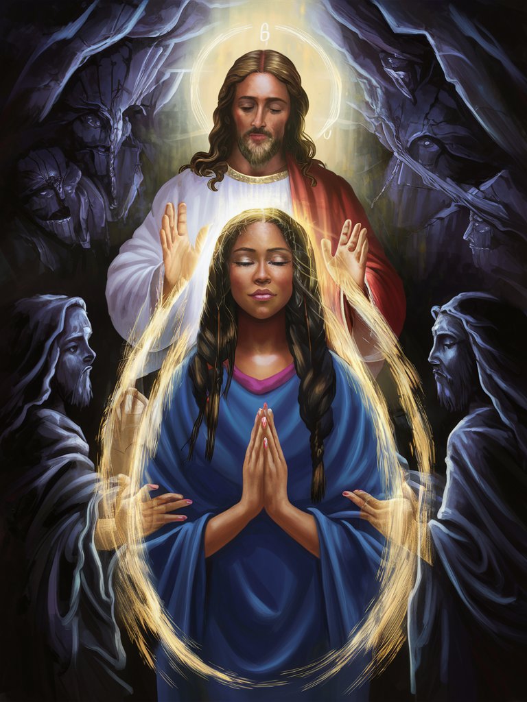 a stylized digital painting of a beautiful ethnic woman basking in the glow of divine blessings and protection bestowed by Jesus, with a peaceful aura surrounding them as evil forces are held at bay by the powerful presence of Christ.