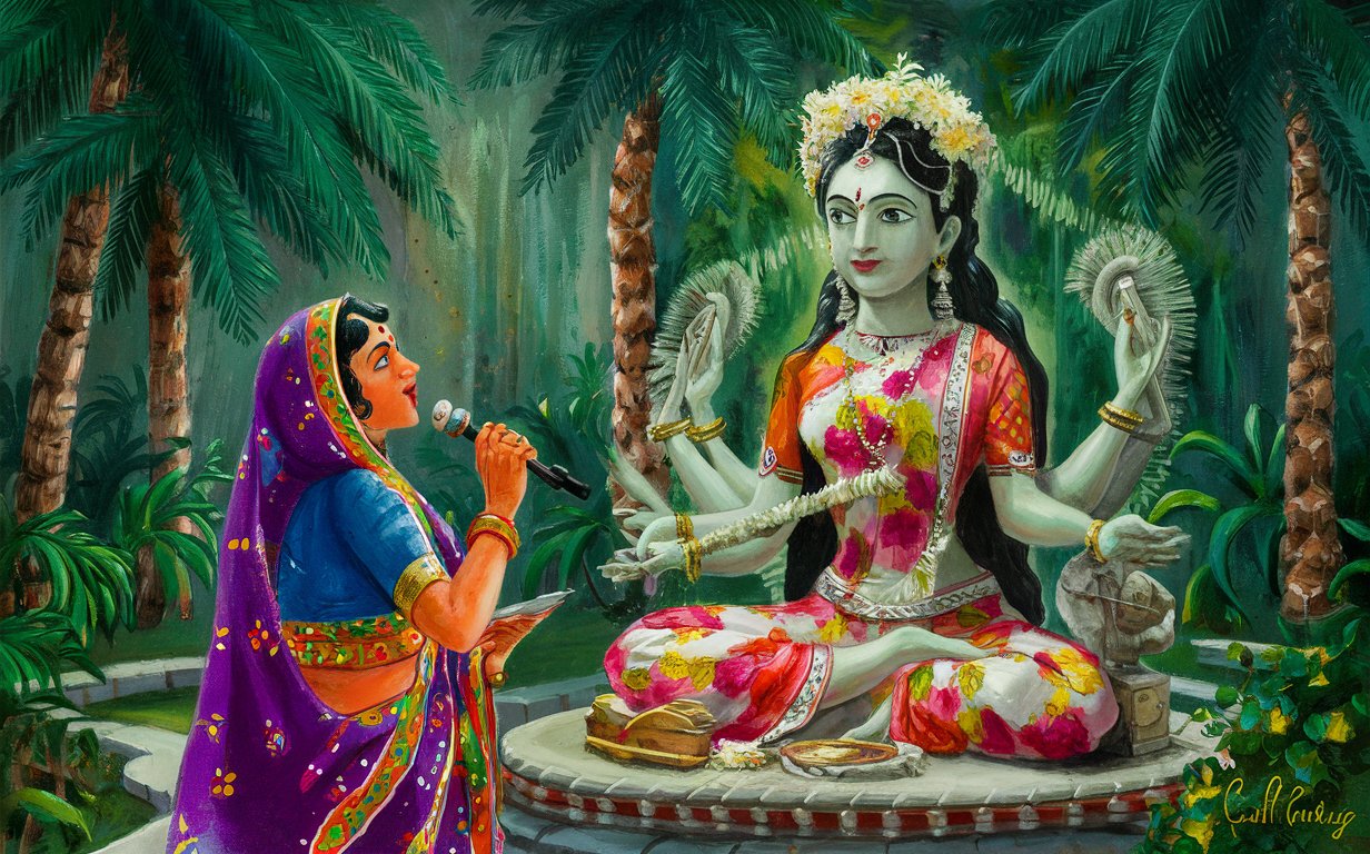 Draw an Indian lady claded in a sari singing a bhajan in front of Ma Prakriti, goddess of nature, background is a beautiful palm garden and song echoes. Ma prakriti is dressed in floral Indian costume show statue of Ma Prakriti and the singer both