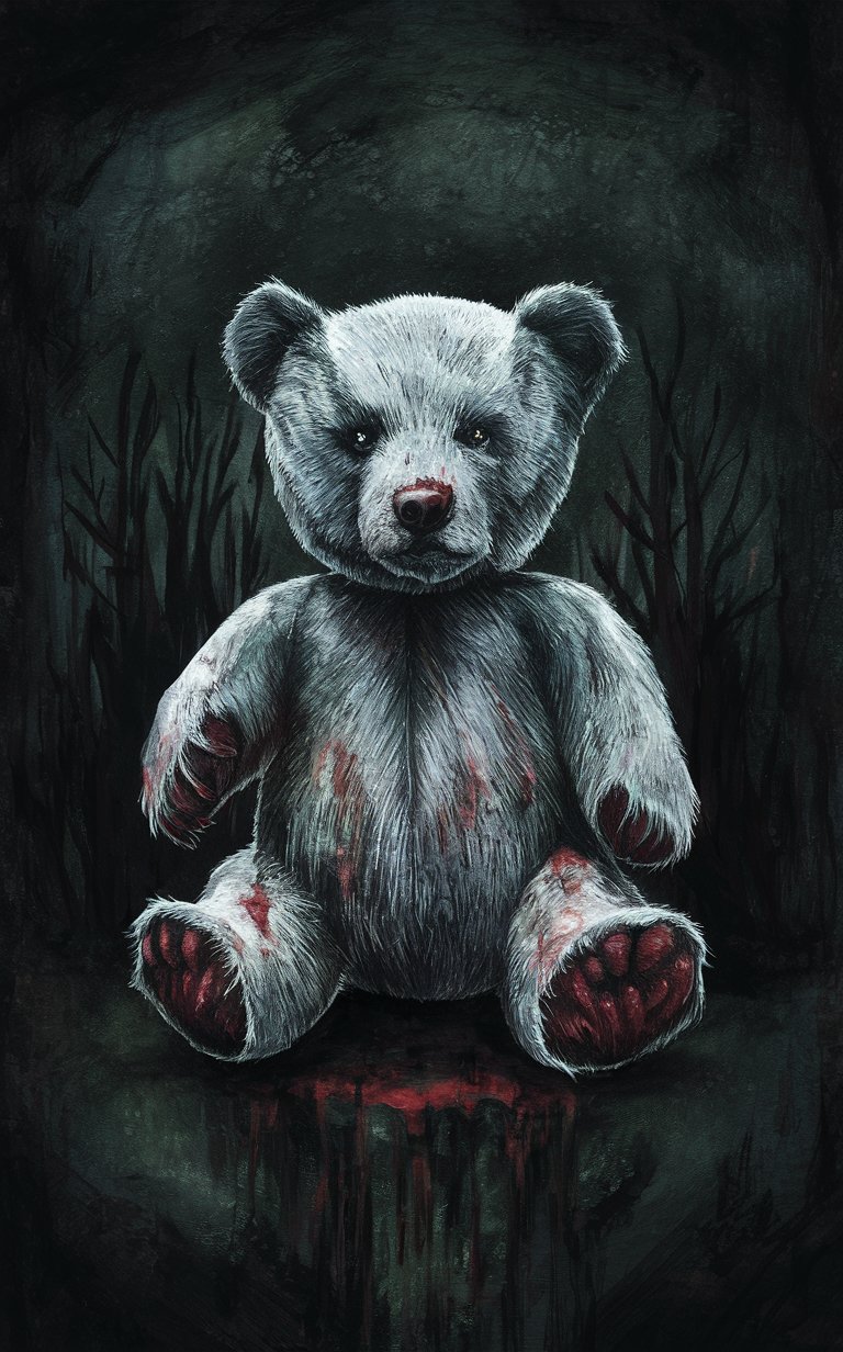 16k4d art rfktrstyle complex 'Gothic Teddy' bear,  (natural Pose), perfect form, perfect composure, perfect form,Studio Photography, Scary Creepy (Grisly) Ominous, Painted with Vibrant Oils, (Illustration)