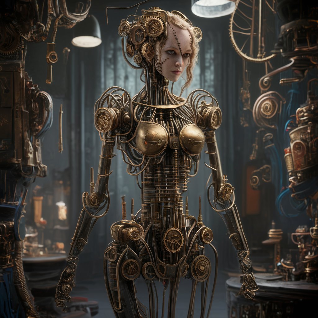 Steampunk Female Anatomical Robot in RetroFuturistic Setting