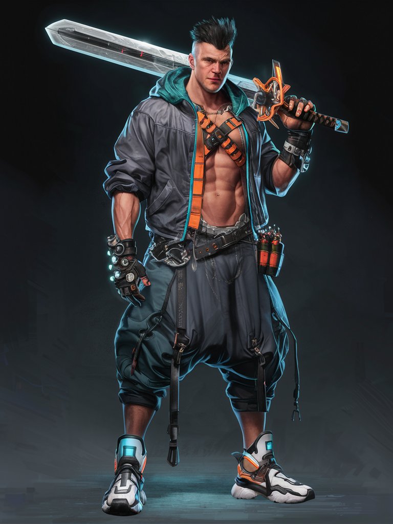 muscular 20s male cyberpunk adventurer warrior, tan skin, dark spiky undercut, darkgrey teal baggy lightweight hooded windbreaker, white armor chestplate, orange techwear straps, baggy darkgrey parachute harem pants, white cyan orange futuristic athletic high-top sneakers, black cloth cybergoth gloves with hi-tech attachments, enormous two-handed energy sword on back, glowing grenades on belt, videogame anime character full reference sheet