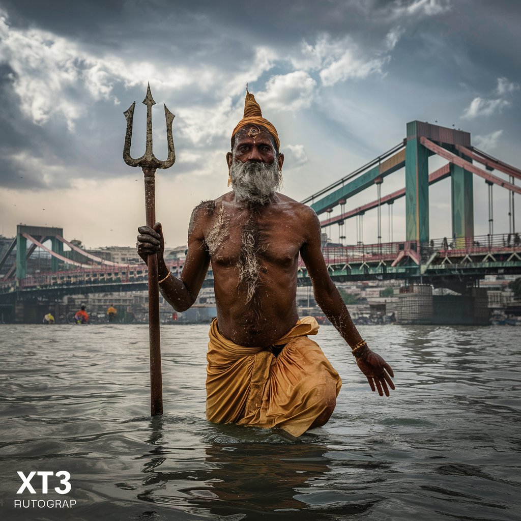 naga sadhu on the ganges river full wide total body cloudy sky wearing a red cloth fuji xt3