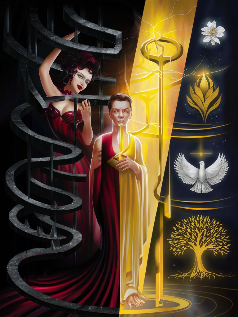 A digital painting portraying a beautiful woman lost in sin, depicted as being trapped in a dark and twisting maze, juxtaposed with an image of a person living a righteous life, standing in a beam of light and surrounded by symbols of peace and harmony.